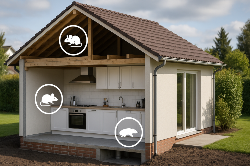 Schemat domu z zaznaczonymi miejscami, w których mogą ukrywać się myszy i szczury